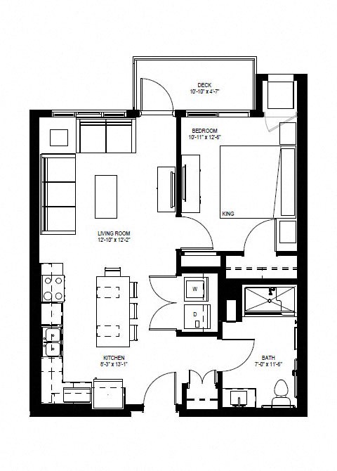 Floor plan for 1 bed, 1 bath, 658 sqft